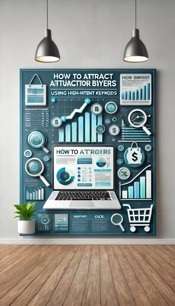 DALL·E 2025-01-28 15.08.28 - A vertical image with the title 'How to Attract Buyers to Your Site Using High-Intent Keywords' in bold, professional English font. The background sho 購買意欲の高いキーワードを使用して購入者をサイトに誘導するには