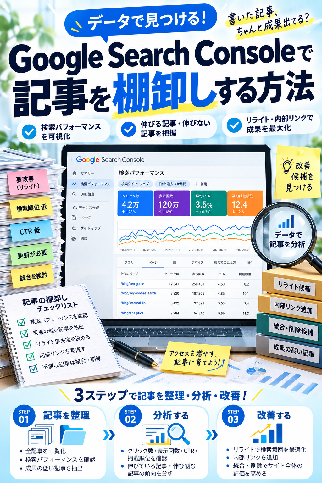 Google Search Consoleで記事を棚卸しする方法｜クリック・表示回数・CTRの見方